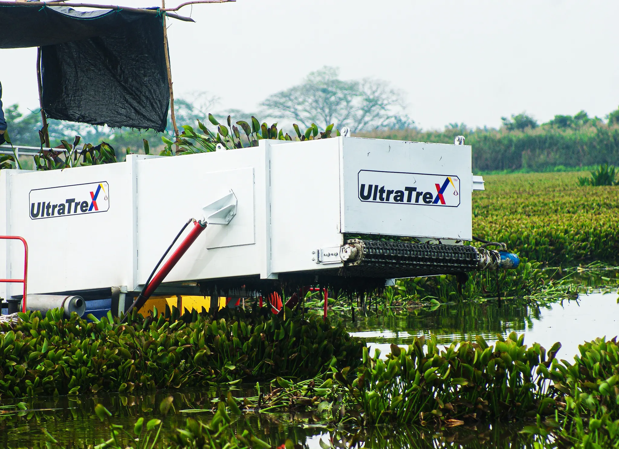 Ultratrex aquatic weed harvester is harvesting the water hyacinth on the lakes at Kg Makmur, Tanjung Tualang, Perak